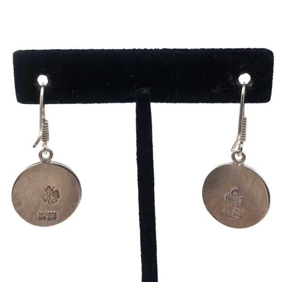 Vintage Mexican 925 Sterling Silver Aztec Mask Dangle Earrings Round - Picture 8 of 13